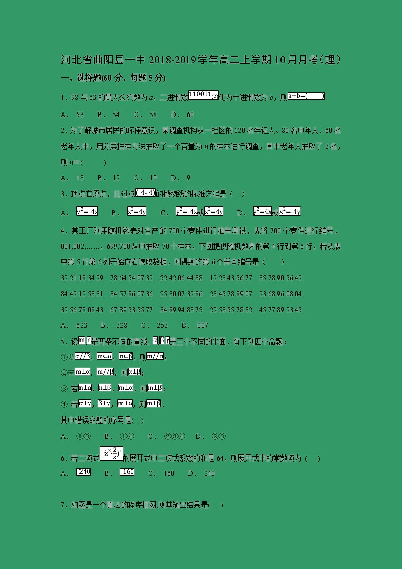 【数学】河北省曲阳县一中2018-2019学年高二上学期10月月考（理） 试卷01