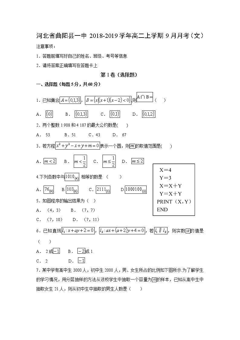 【数学】河北省曲阳县一中2018-2019学年高二上学期9月月考（文）（解析版） 试卷01