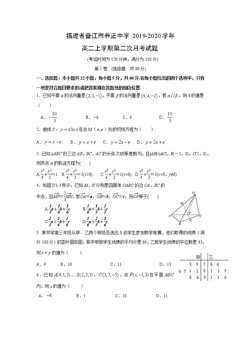 【数学】福建省晋江市养正中学2019-2020学年高二上学期第二次月考试题01