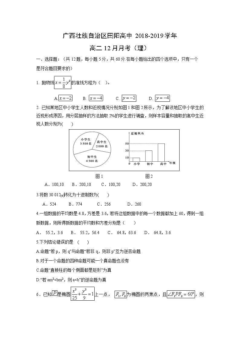 【数学】广西壮族自治区田阳高中2018-2019学年高二12月月考（理） 试卷01