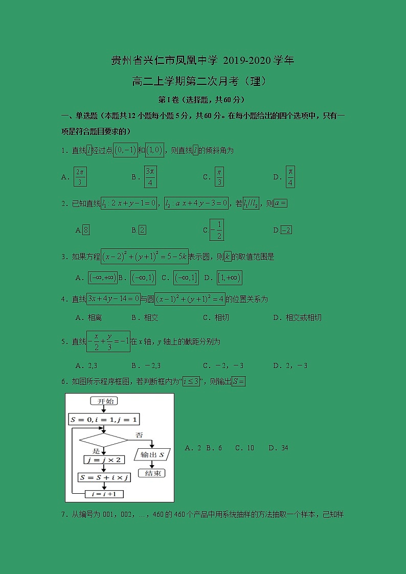 【数学】贵州省兴仁市凤凰中学2019-2020学年高二上学期第二次月考（理）第1页