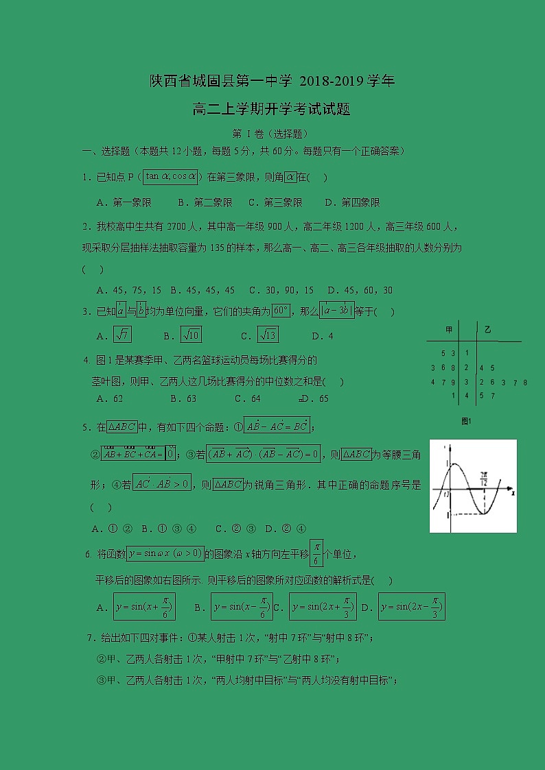 【数学】陕西省城固县第一中学2018-2019学年高二上学期开学考试试题01