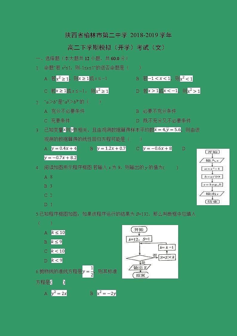 【数学】陕西省榆林市第二中学2018-2019学年高二下学期模拟（开学）考试（文）01