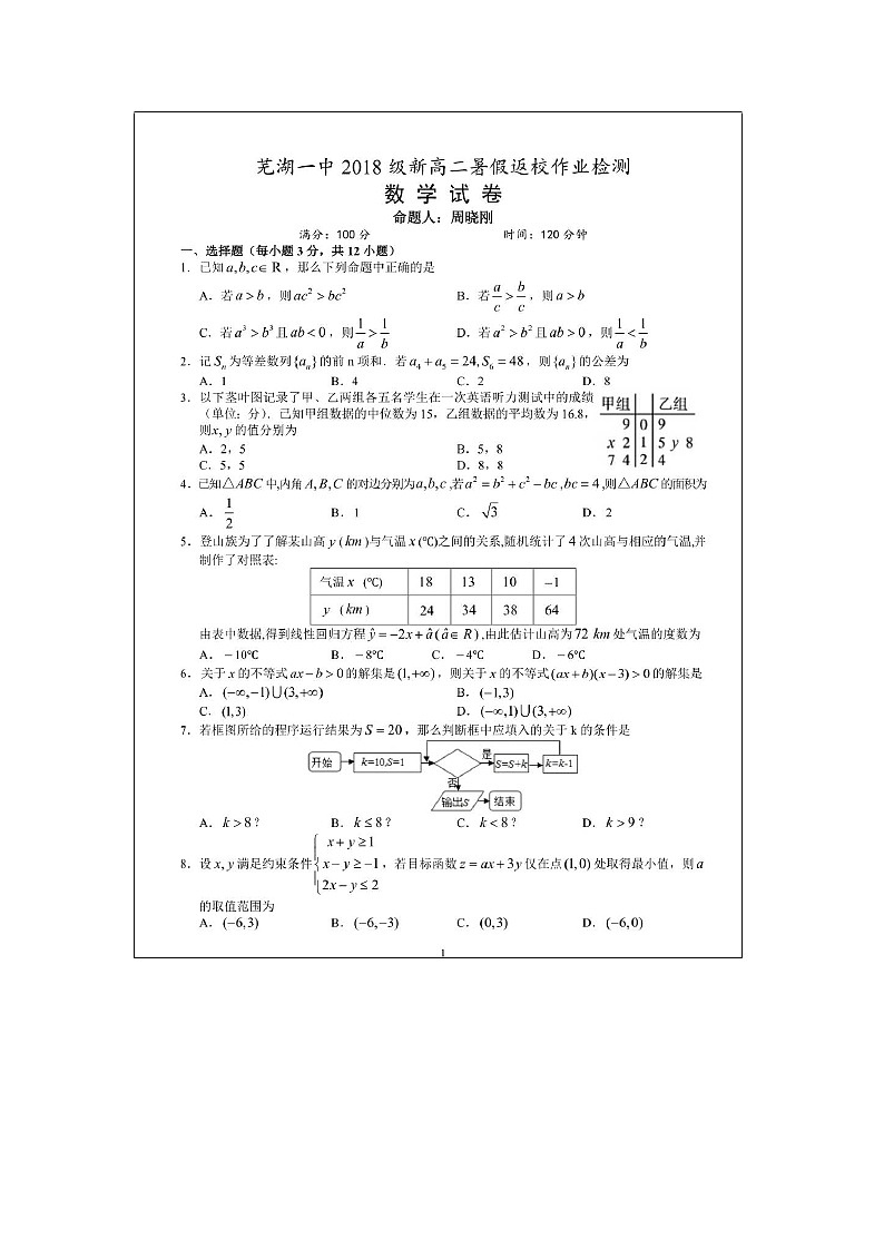 【数学】安徽省芜湖市第一中学2019-2020学年高二上学期开学返校检测01
