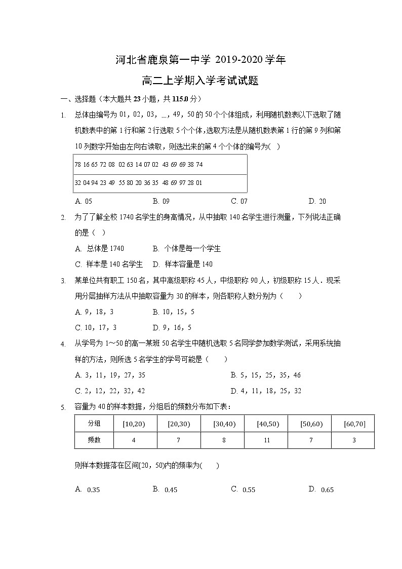 【数学】河北省鹿泉第一中学2019-2020学年高二上学期入学考试试题01