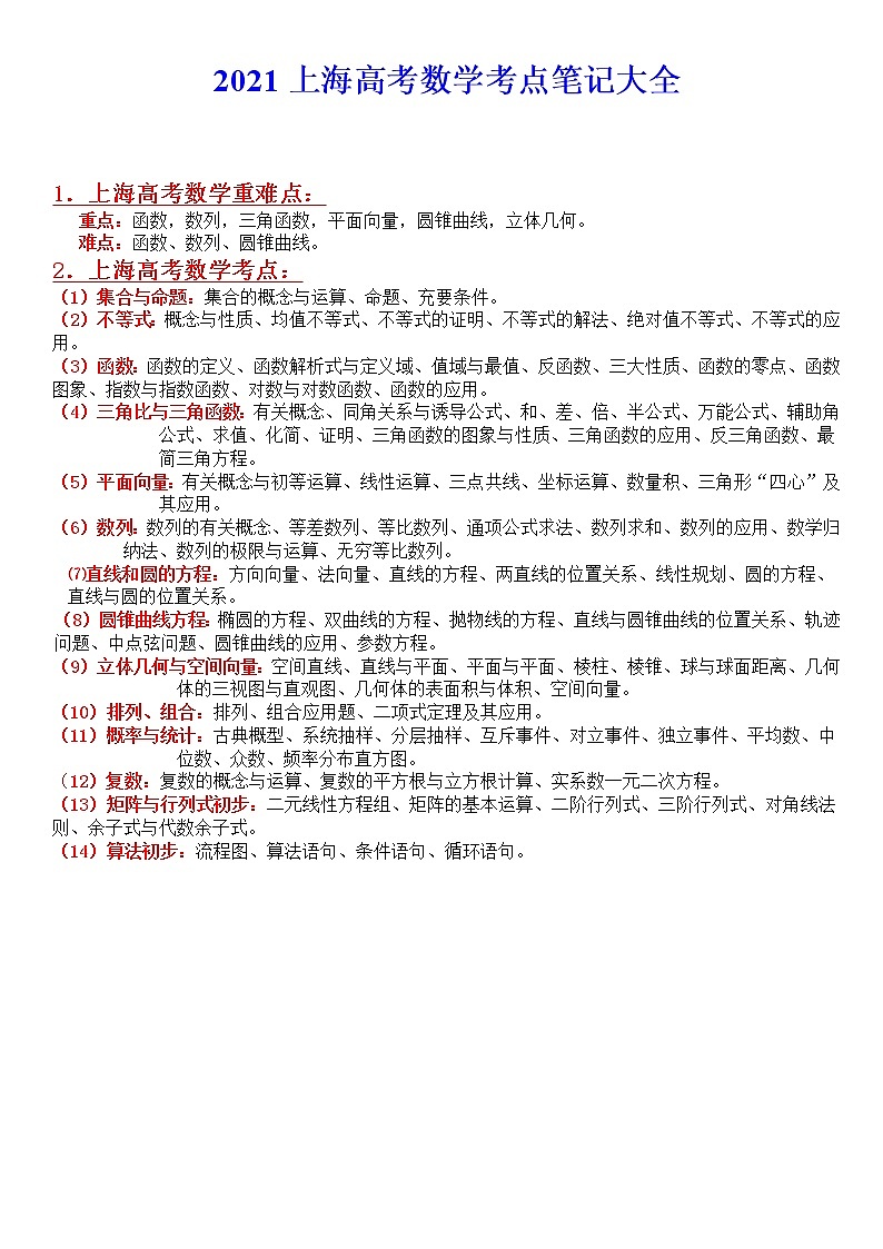 上海市2021届高考数学考点笔记大全第1页