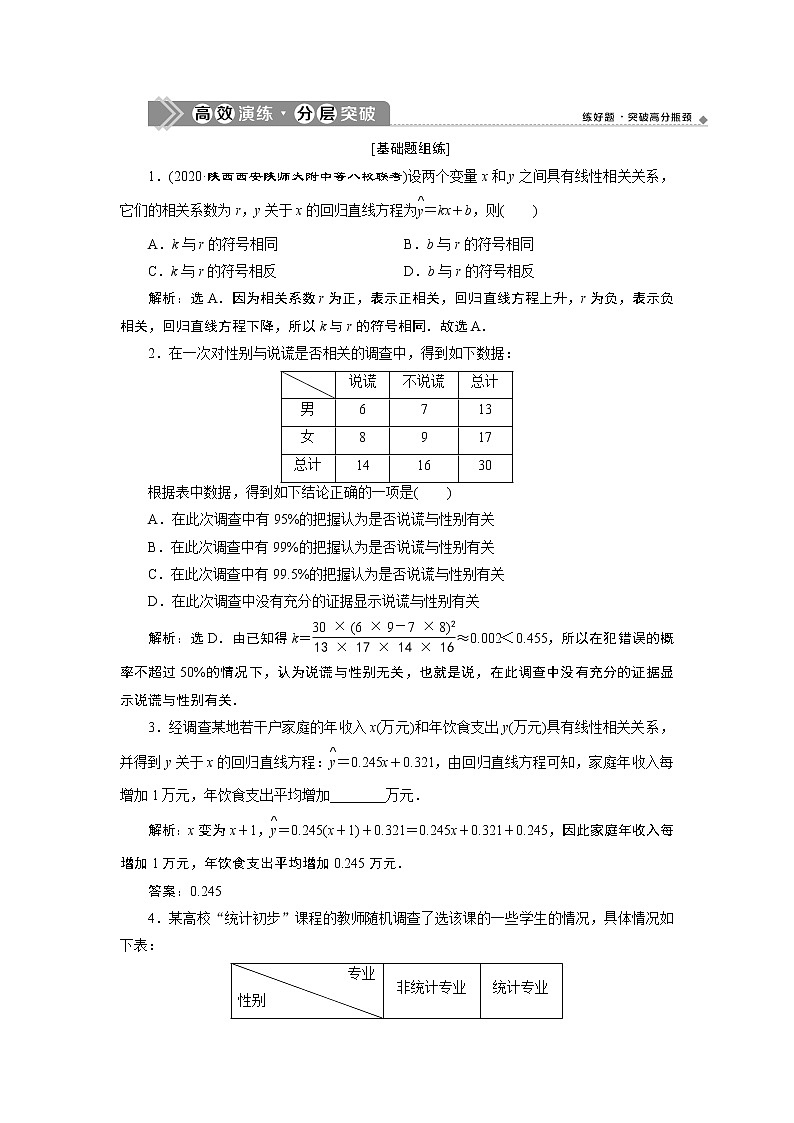 2021版新高考地区高考数学（人教版）大一轮复习（课件+学案+高效演练分层突破） 第11章 第2讲　变量间的相关关系、统计案例01