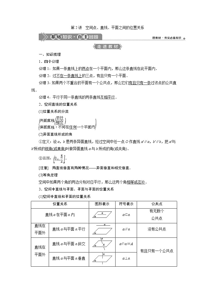 2021版新高考地区高考数学（人教版）大一轮复习（课件+学案+高效演练分层突破）第08章  第2讲　空间点、直线、平面之间的位置关系01