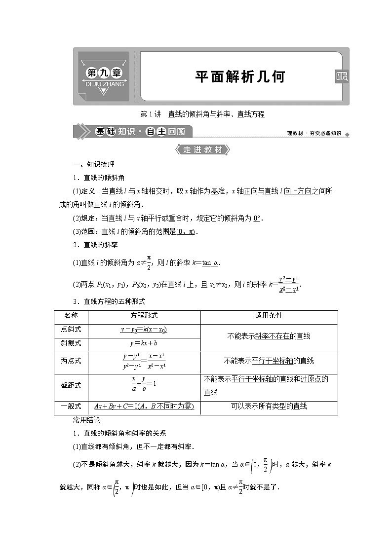 2021版新高考地区高考数学（人教版）大一轮复习 第9章 第1讲　直线的倾斜角与斜率、直线方程第1页