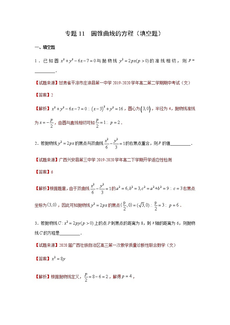 专题11 圆锥曲线的方程（填空题）（11月）（人教A版2019）（解析版）第1页