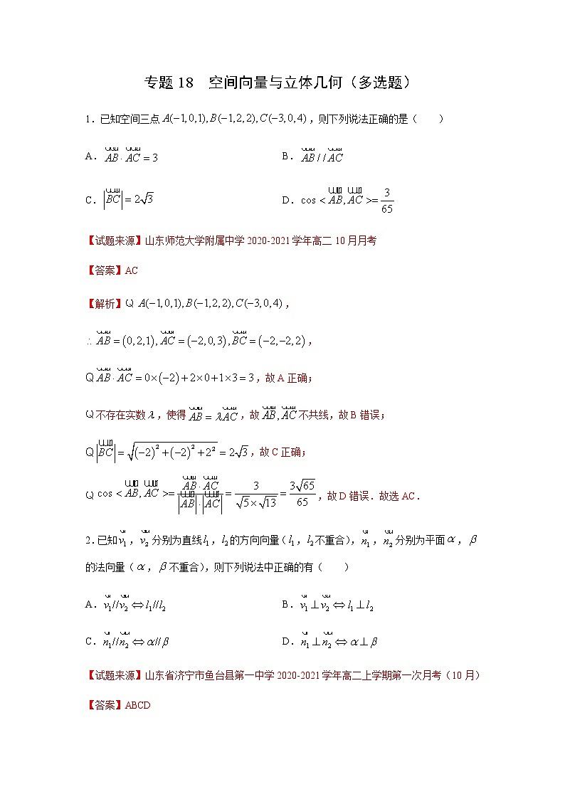 专题18 空间向量与立体几何（多选题）（11月）（理）（解析版）-2020-2021学年高二《新题速递•数学（理）第1页