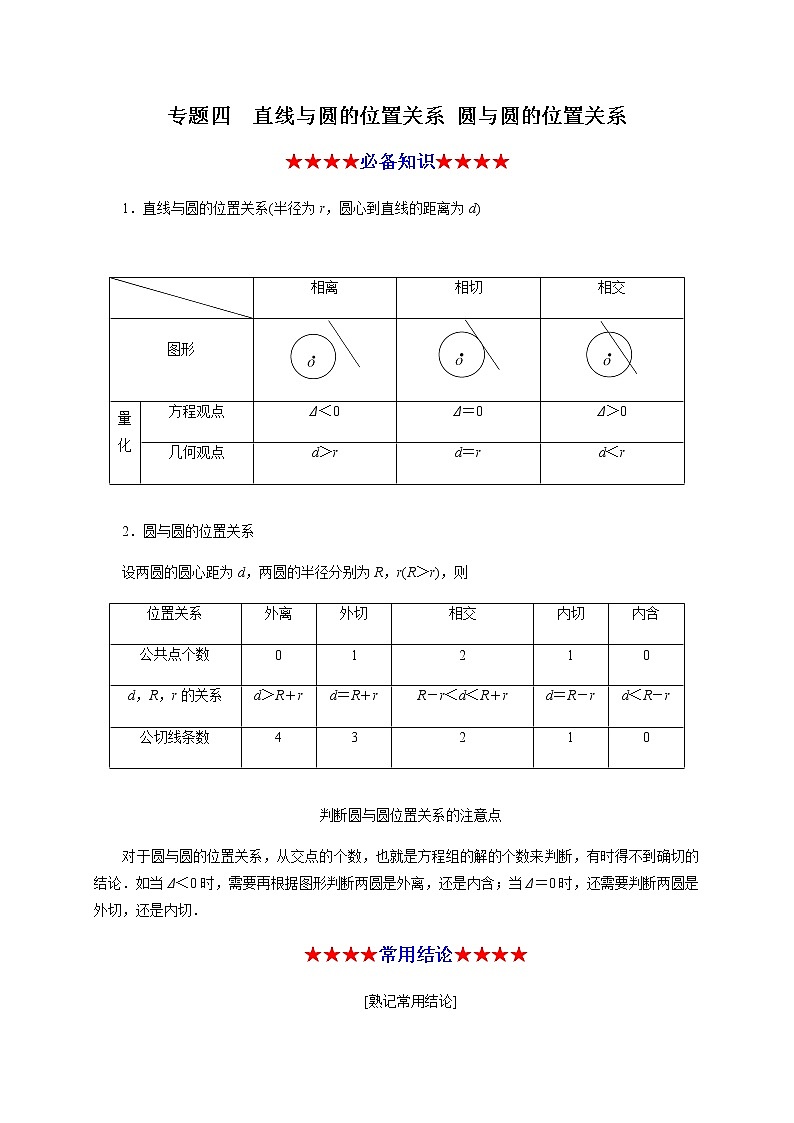 专题四 直线与圆的位置关系，圆与圆的位置关系（知识串讲）-2020-2021学年高二数学知识串讲与专题测试（人教A版2019选择性必修第一册）（圆锥曲线篇）01