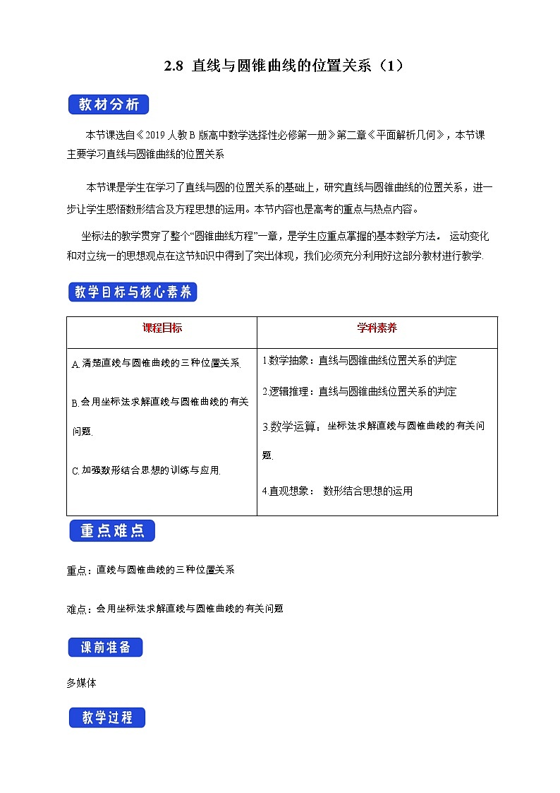 2.8 直线与圆锥曲线的位置关系（1） 教学设计01