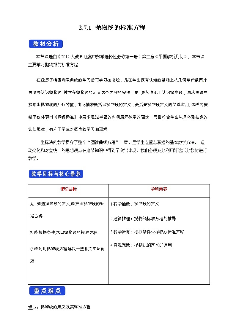 2.7.1 抛物线的标准方程 教学设计01