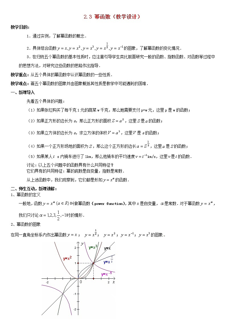人教A版高中数学2-3幂函数教案新人教版必修101