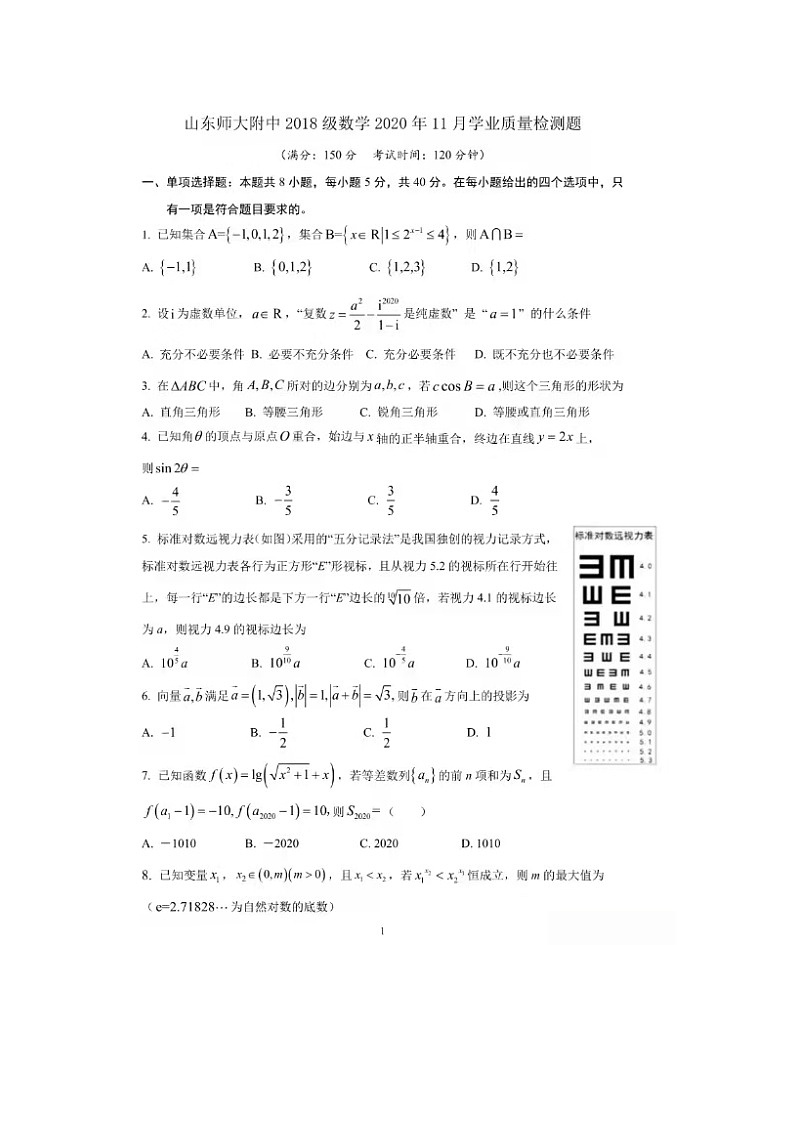 山东师范大学附属中学2021届高三11月学业水平测试数学试题01