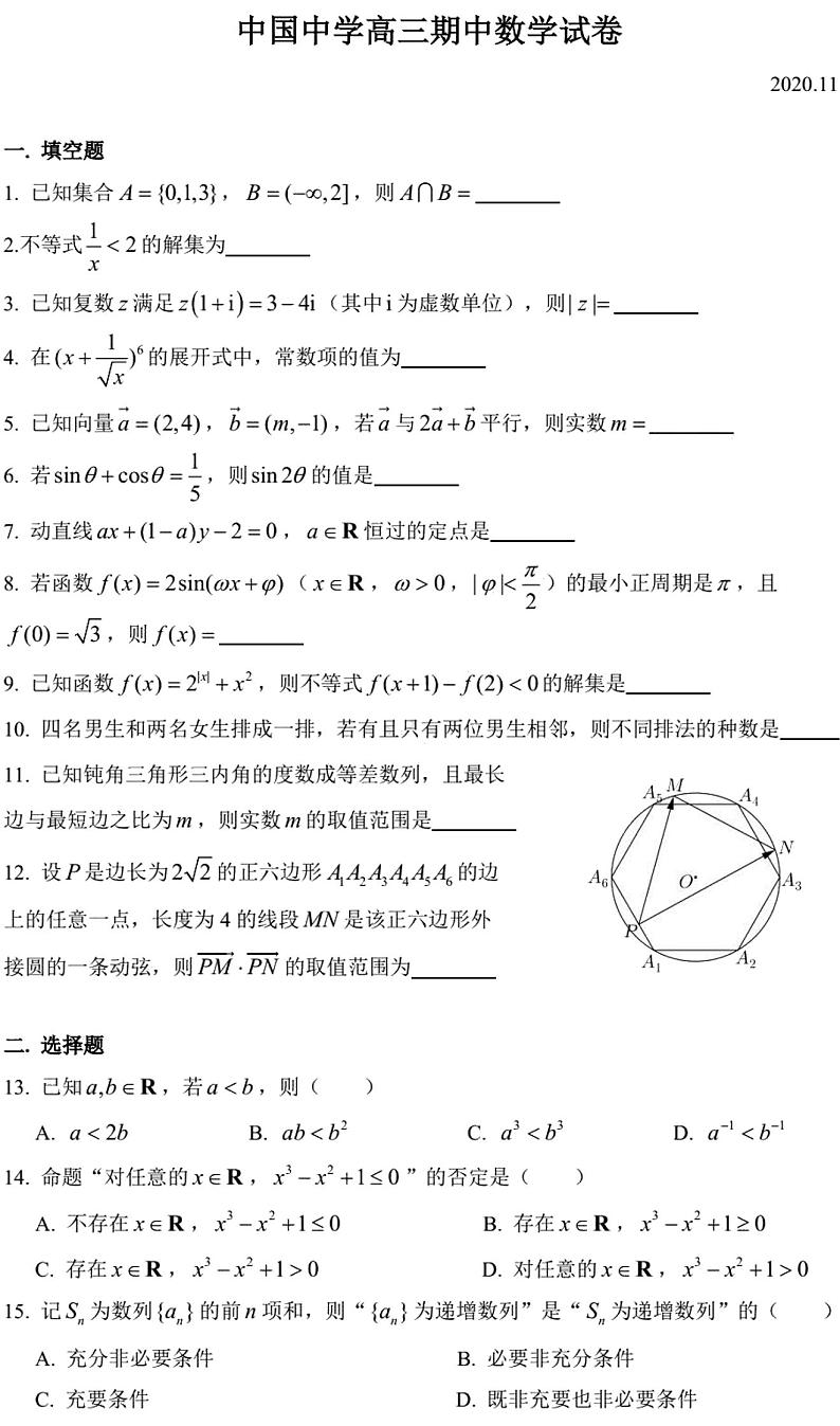 上海市中国中学2021届高三第一学期期中考试数学试卷(含简答)01