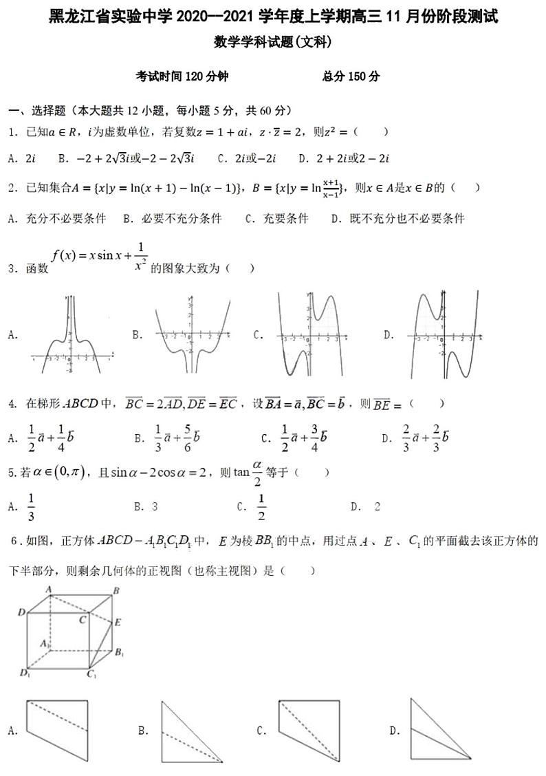 黑龙江省实验中学2021届高三上学期11月份阶段测试文科数学试题（PDF版，答案不全）01