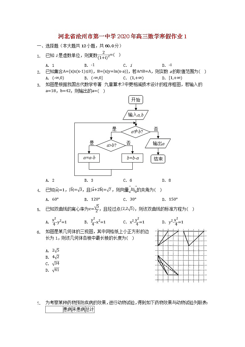 河北省沧州市第一中学2020年高三数学寒假作业1 练习01