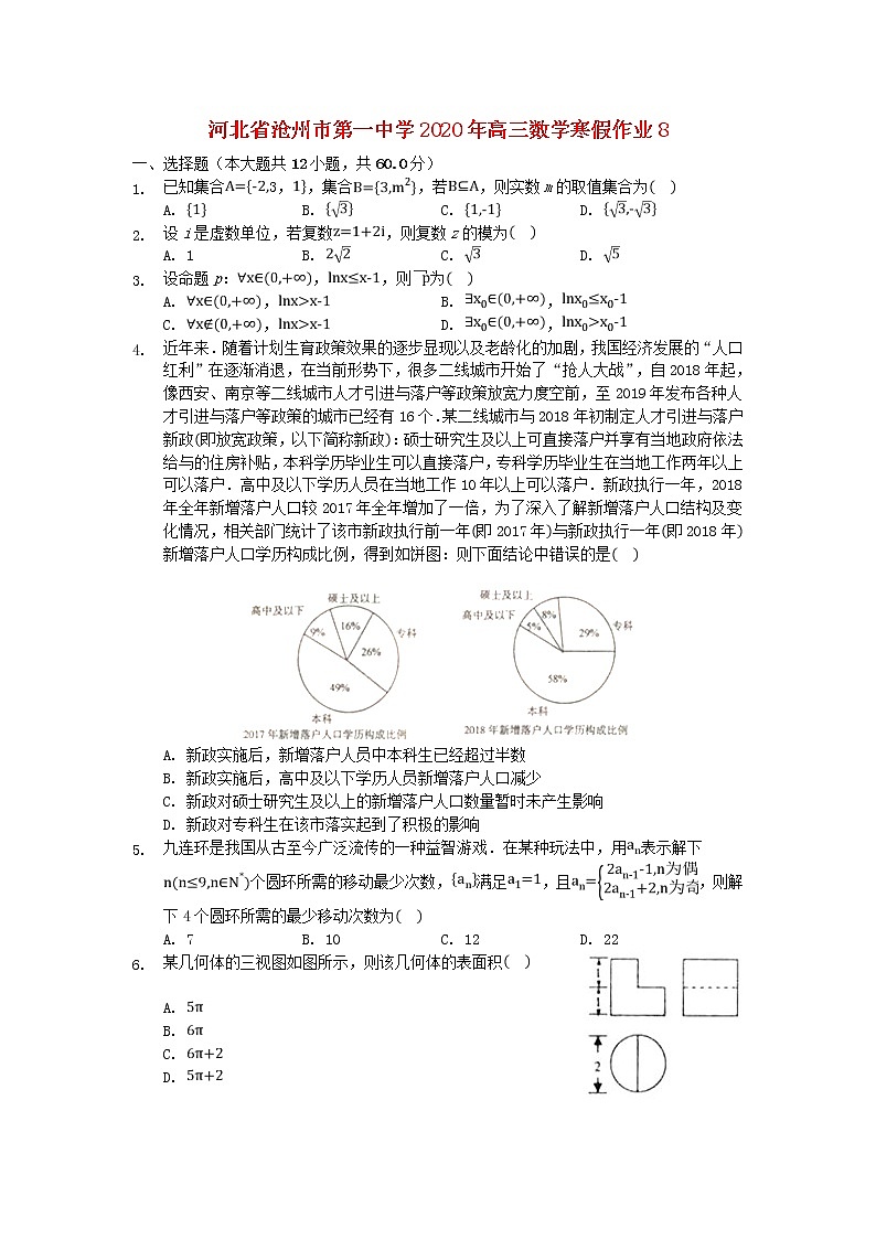 河北省沧州市第一中学2020年高三数学寒假作业8 练习01