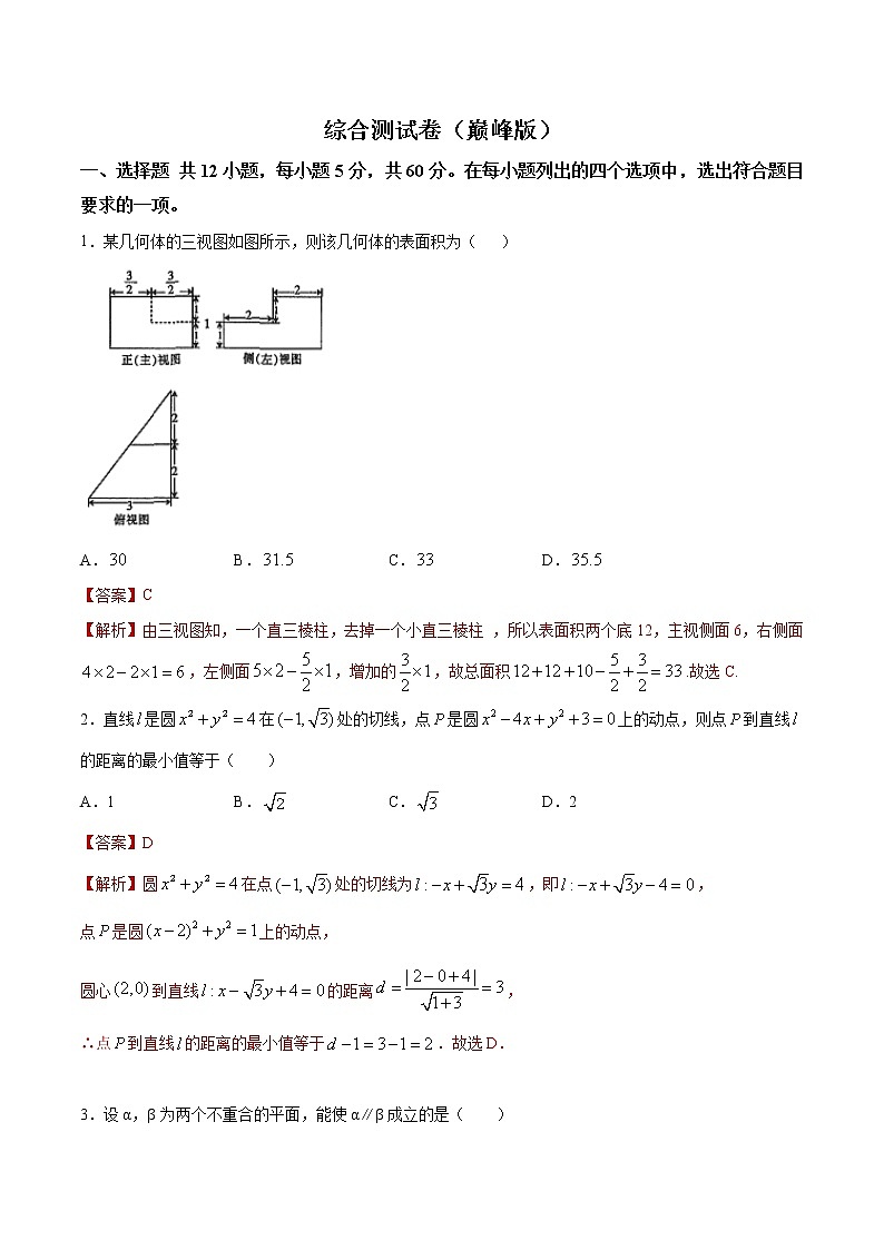 人教A版必修2综合测试卷（巅峰版）解析版-突破满分数学之2020-2021学年高二数学(理)课时训练(人教A版必修2)01