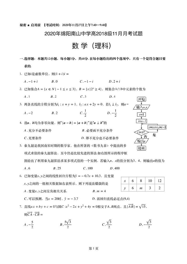 四川省绵阳南山中学2021届高三11月月考 数学（理）（PDF版含答案） 试卷01