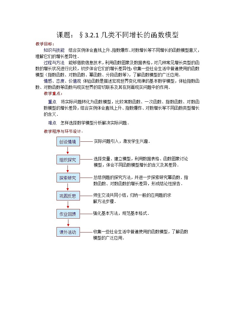 高一数学人教A版必修一精品教案：3.2.1几类不同增长的函数模型 Word版含答案01