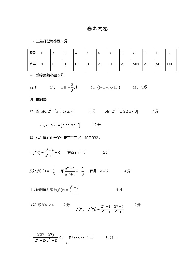 广东省珠海市第二中学2020-2021学年高一上学期期中考试数学试题（pdf可编辑版）202011期中考试高一数学参考答案01