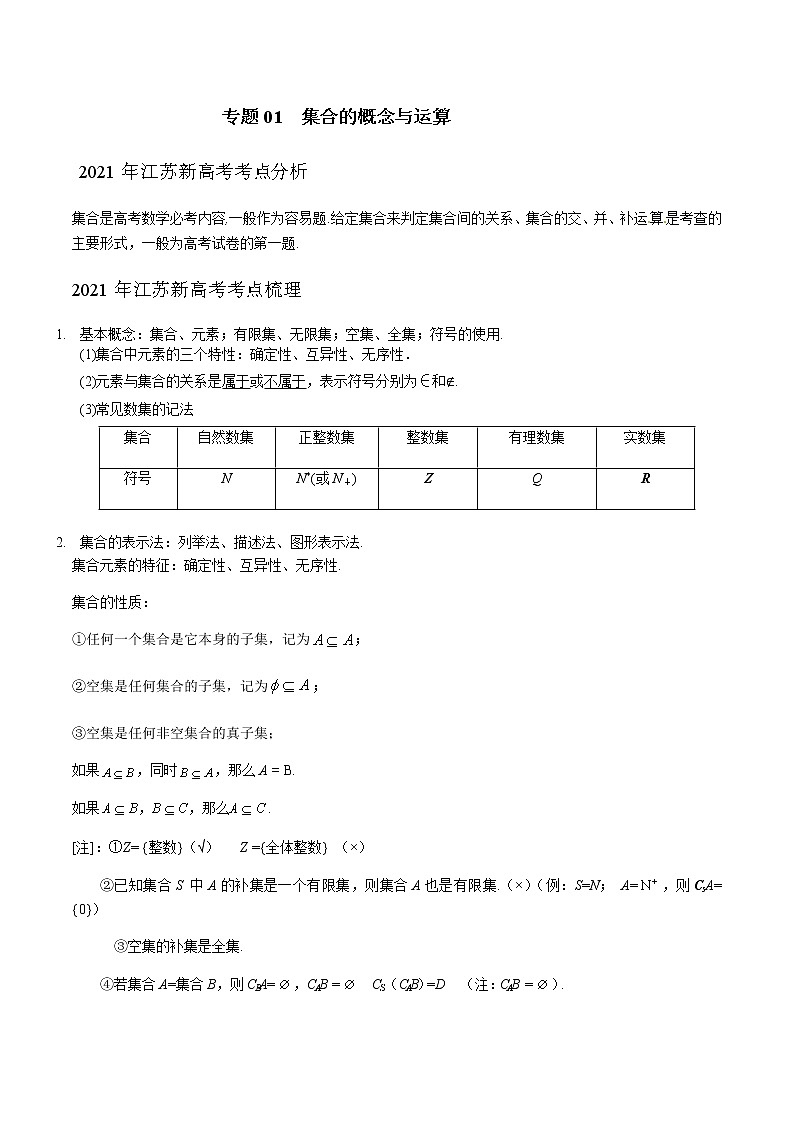 专题01 集合的概念与运算（解析版）-2021届江苏省新高考数学大讲坛大一轮复习01