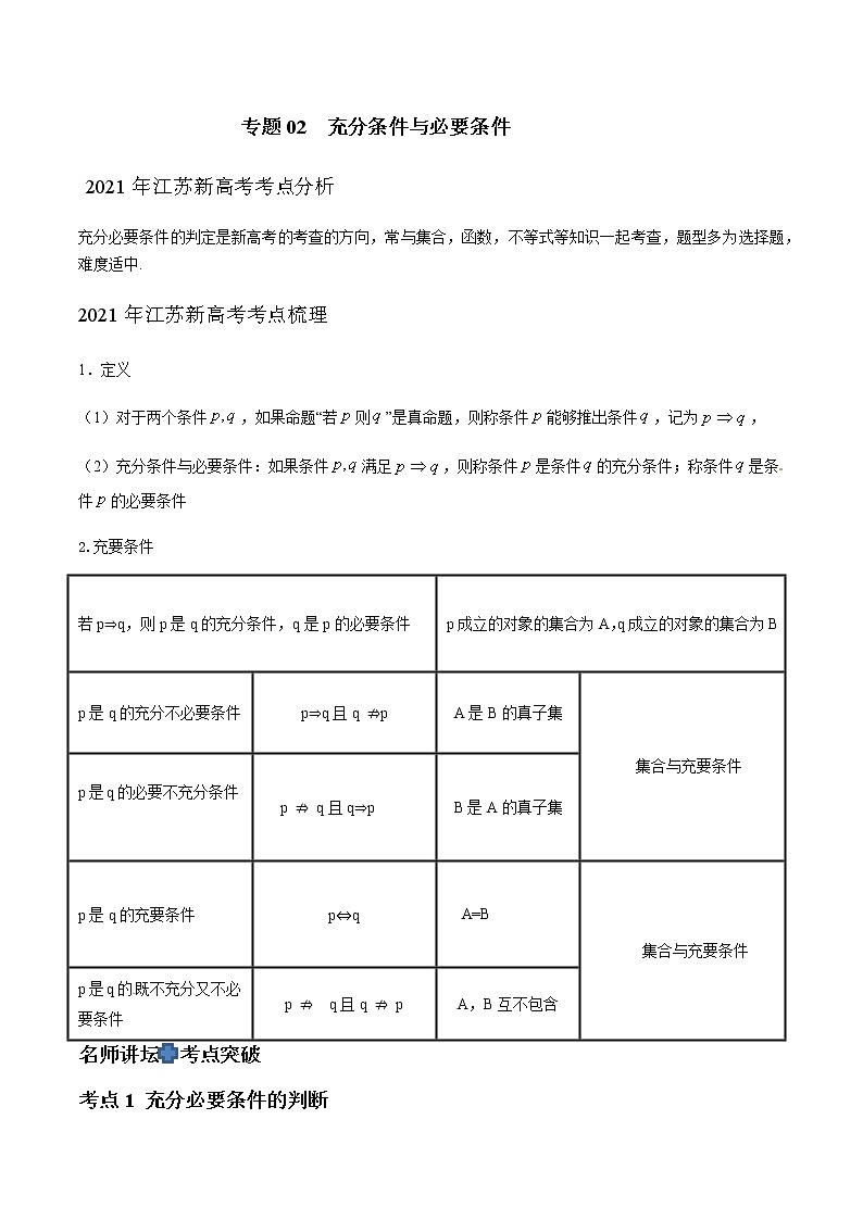 专题02 充分条件与必要条件（解析版）-2021届江苏省新高考数学大讲坛大一轮复习01