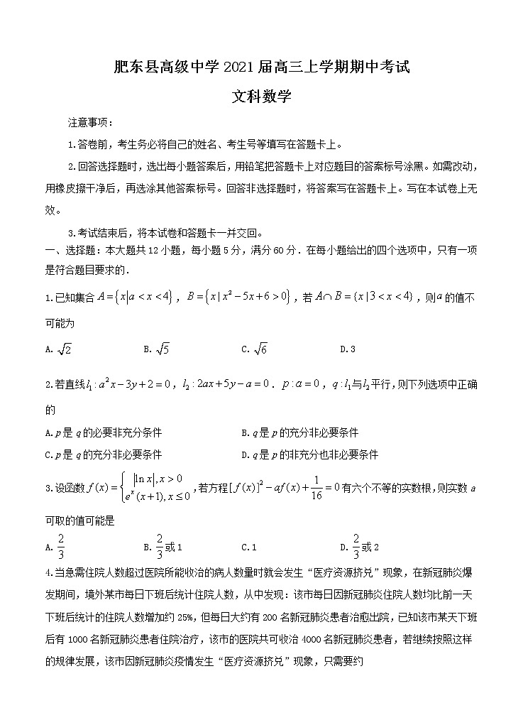 安徽肥东县高级中学2021届高三上学期期中考试 数学（文） (含答案)01