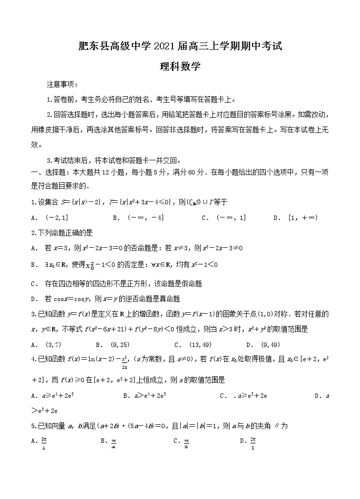 安徽肥东县高级中学2021届高三上学期期中考试 数学（理） (含答案)01