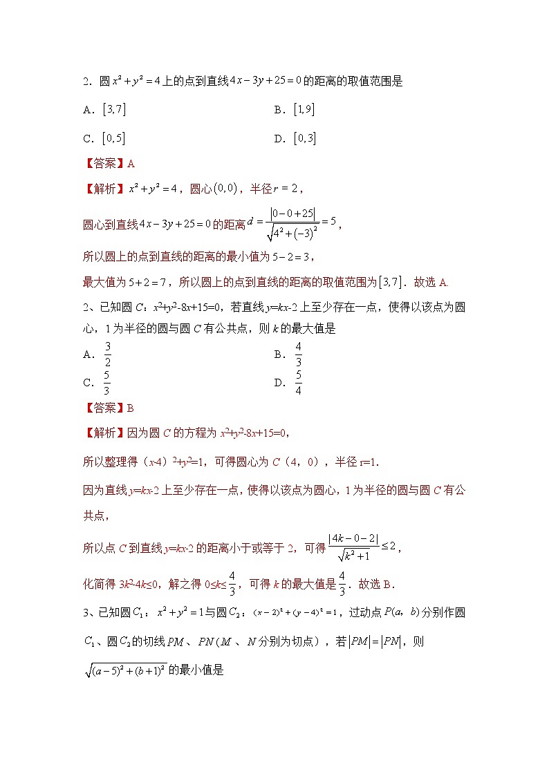 专题09：2020-2021学年高二年级数学上学期期末复习通关秘笈直线与圆中的最值问题解析版03