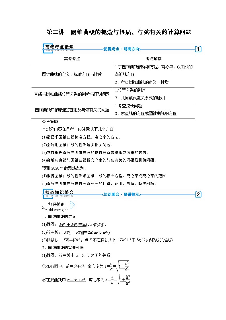 第二讲　圆锥曲线的概念与性质、与弦有关的计算问题第1页