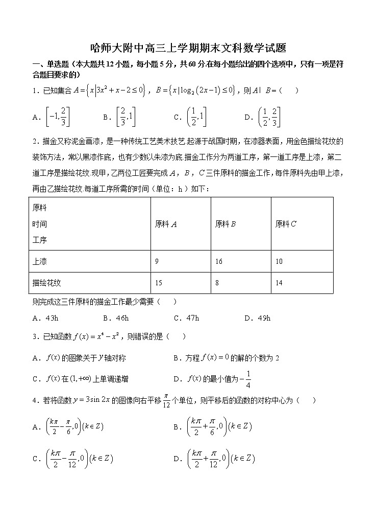 黑龙江省哈尔滨师范大学附属中学2021届高三上学期期末考试 数学（文） (含答案)01