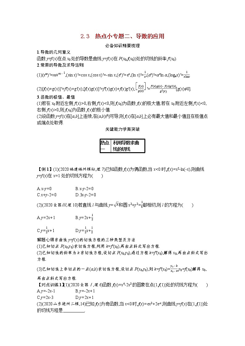 2021新高考数学二轮总复习专题二函数与导数2.3热点小专题二导数的应用学案含解析01
