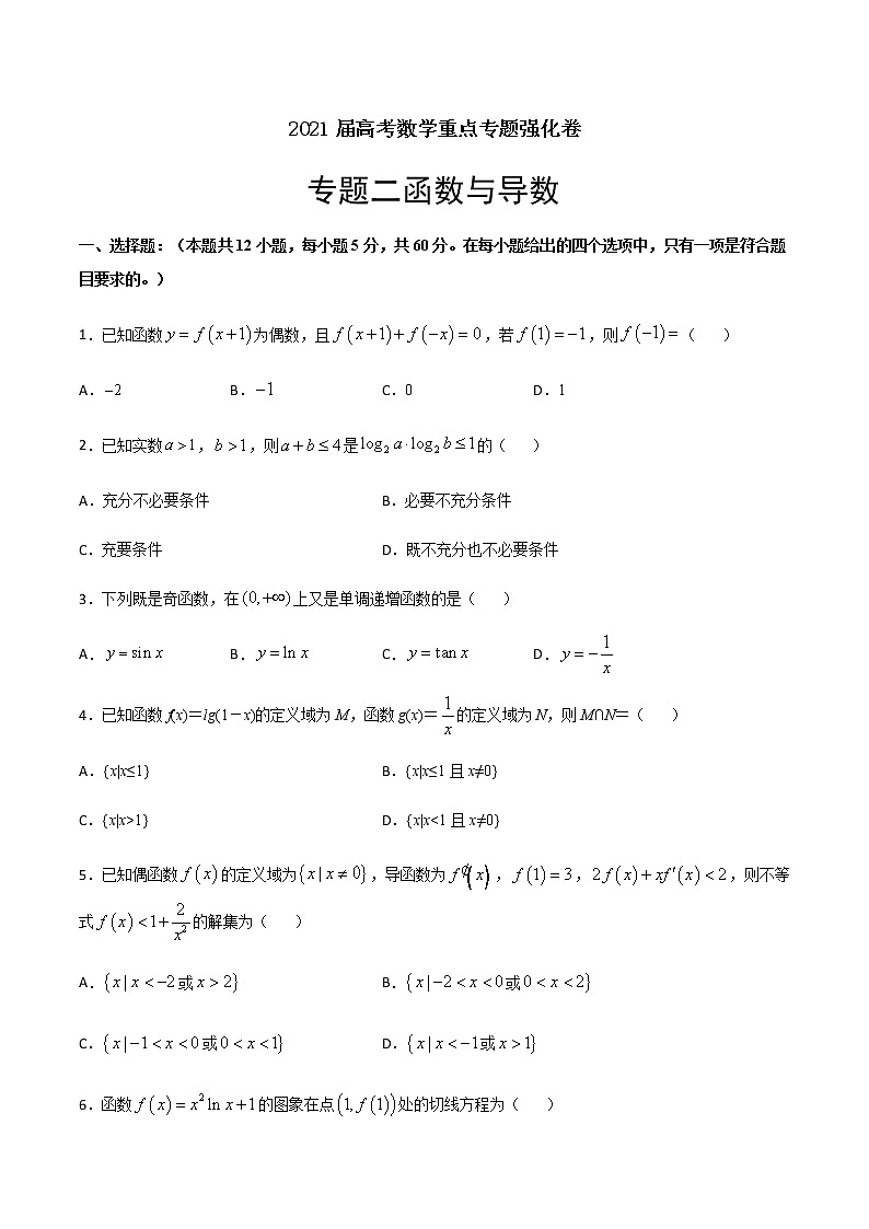 专题2 函数与导数-2021届高考数学重点专题强化卷01