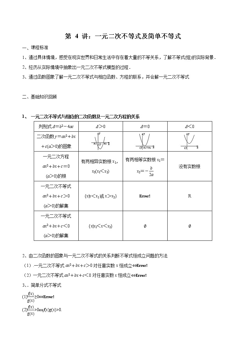 第04讲 一元二次不等式及简单不等式（解析版）第1页