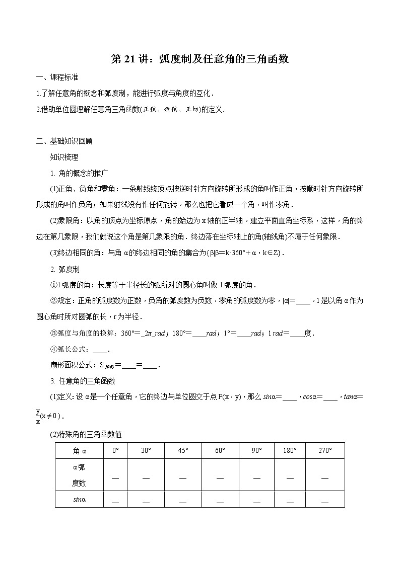 第21讲 弧度制及任意角的三角函数（原卷版）第1页
