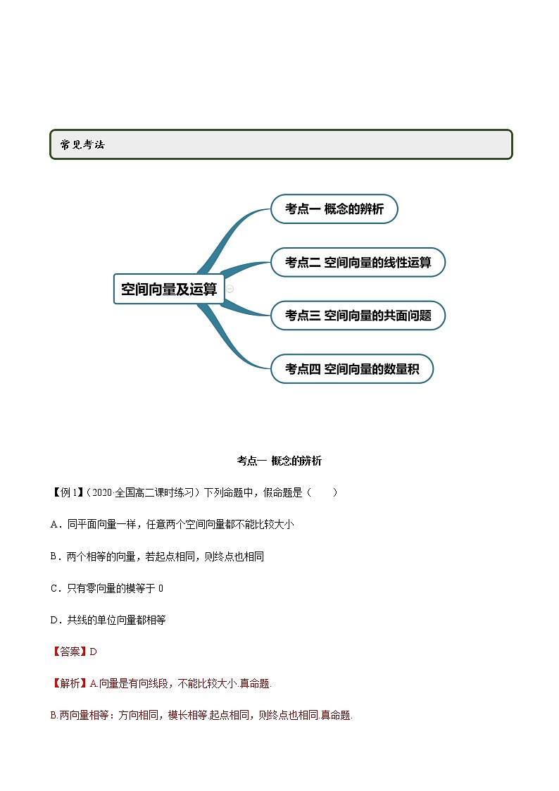 【人教版A版】2020-2021学年一隅三反系列之高二数学新教材选择性必修第一册：空间向量及其运算（精讲）（含答案） 试卷02