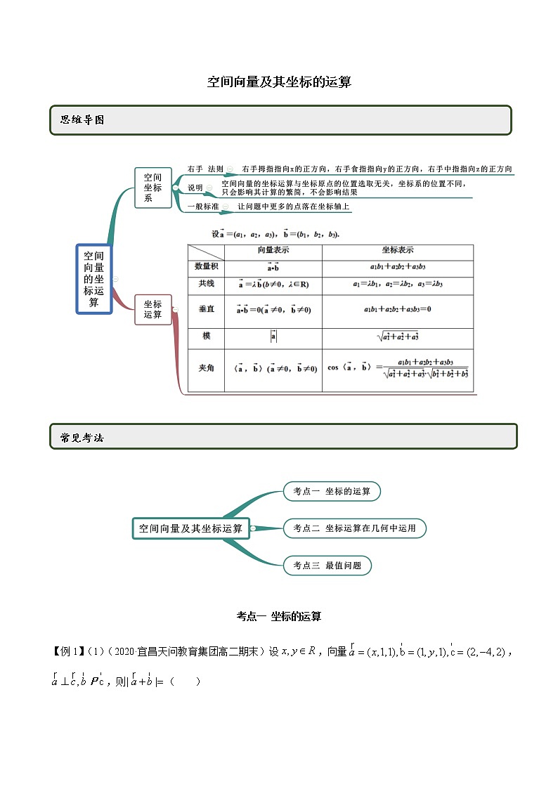 【人教版A版】2020-2021学年一隅三反系列之高二数学新教材选择性必修第一册：空间向量及其坐标的运算（精讲） 试卷01