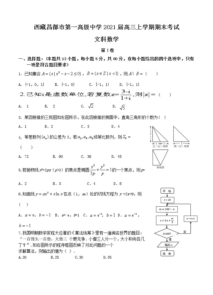 西藏昌都市第一高级中学2021届高三上学期期末考试 文科数学 (含答案)01