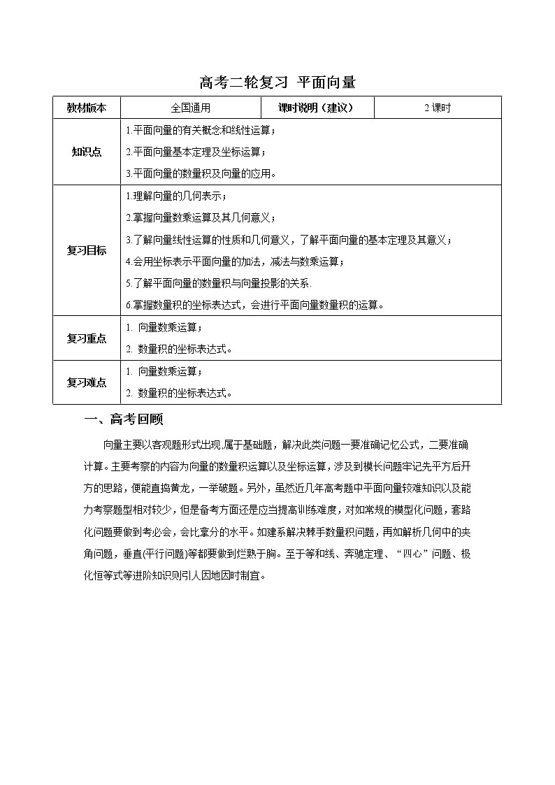 高考二轮课程数学 全国通用版 平面向量 教案第1页