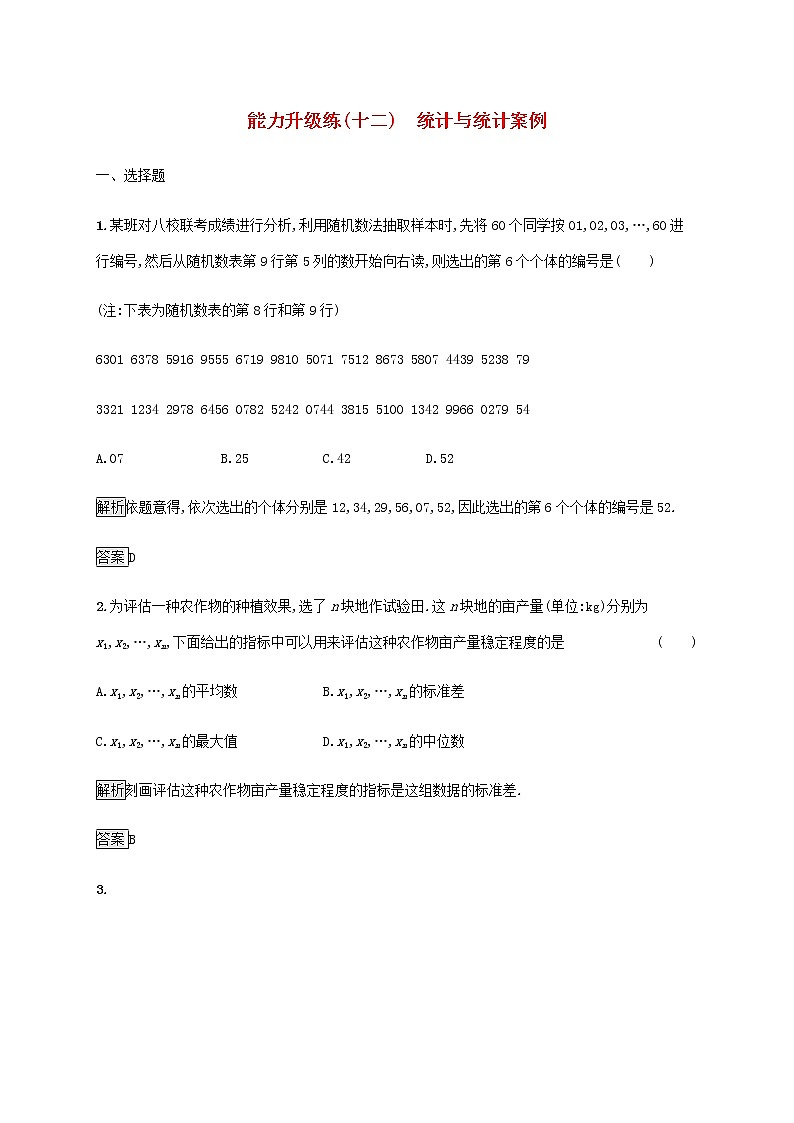 2021届二轮复习    能力升级练十二统计与统计案例理  作业（全国通用）01