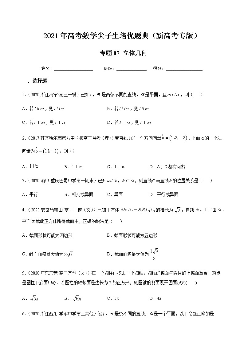 专题07 立体几何-2021年高考数学尖子生培优题典（新高考专版）01