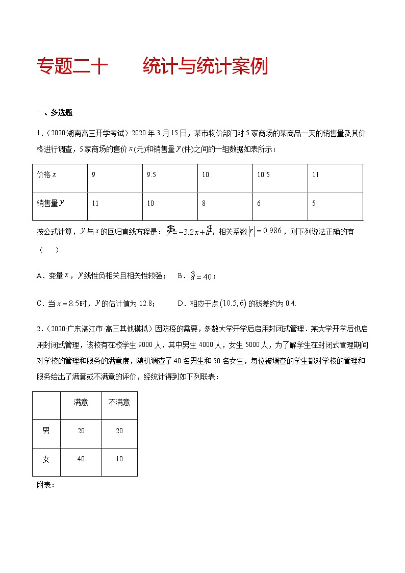 专题二十 统计与统计案例-2021届高三《新题速递•数学》12月刊（江苏专用 适用于高考复习）01