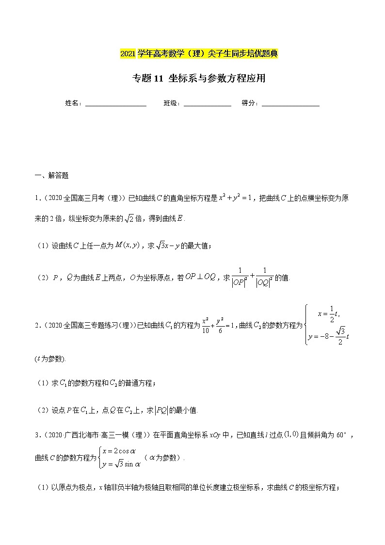 专题11 坐标系与参数方程的应用-2021年高考数学（理）尖子生培优题典01