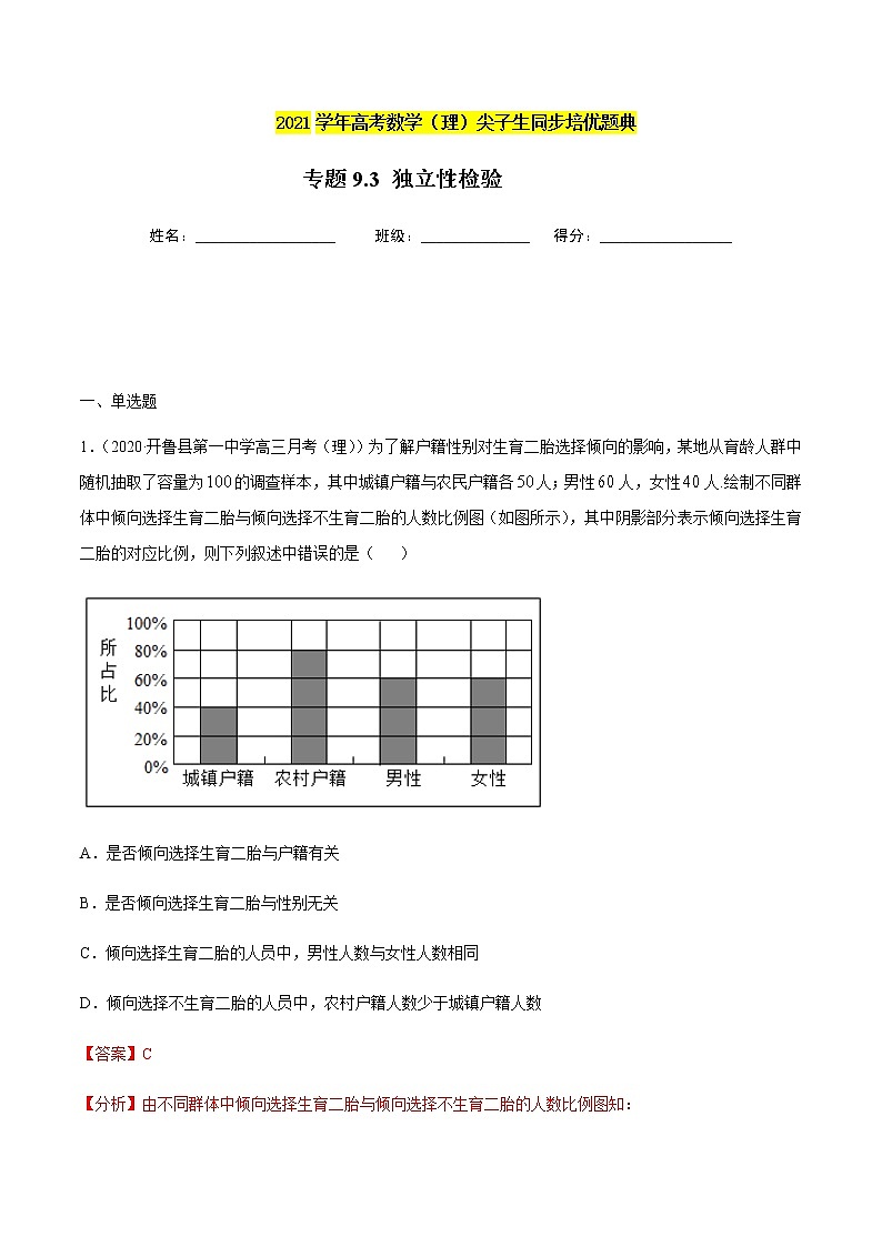 专题9.3 独立性检验-2021年高考数学（理）尖子生培优题典01