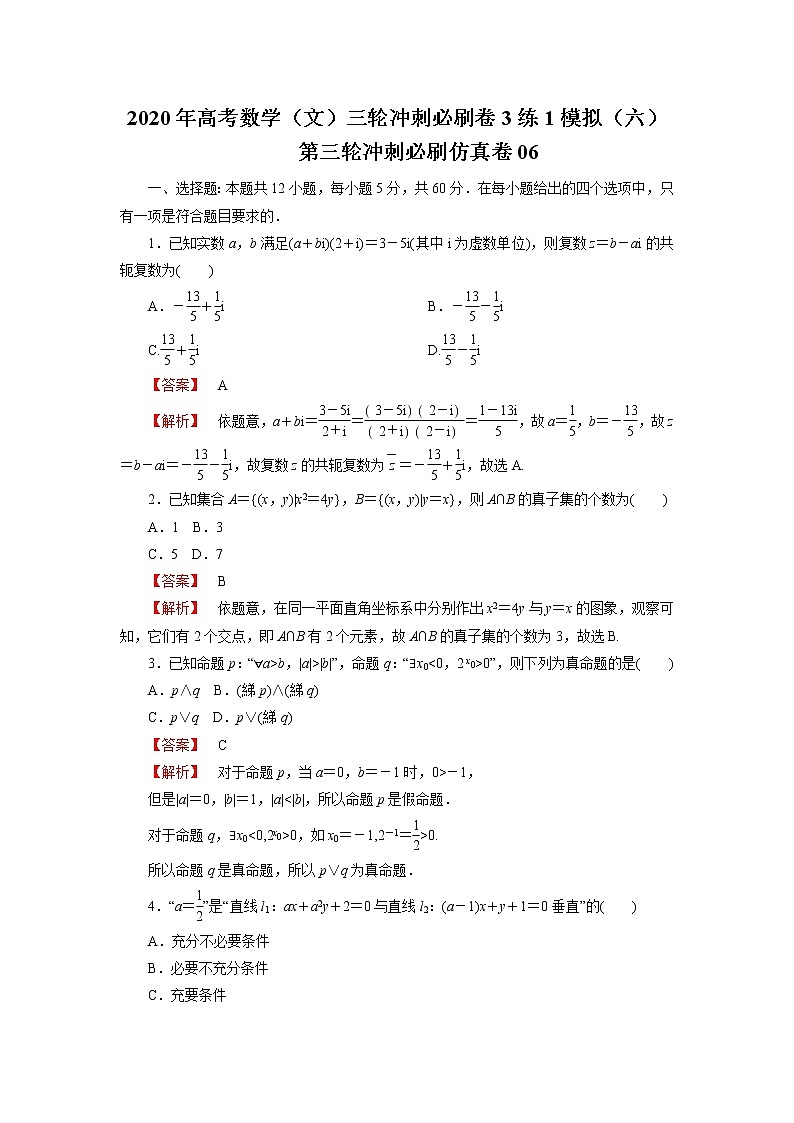 第三轮冲刺必刷仿真卷06-2020年高考数学（文）三轮冲刺必刷卷（3练1模拟）（六）01