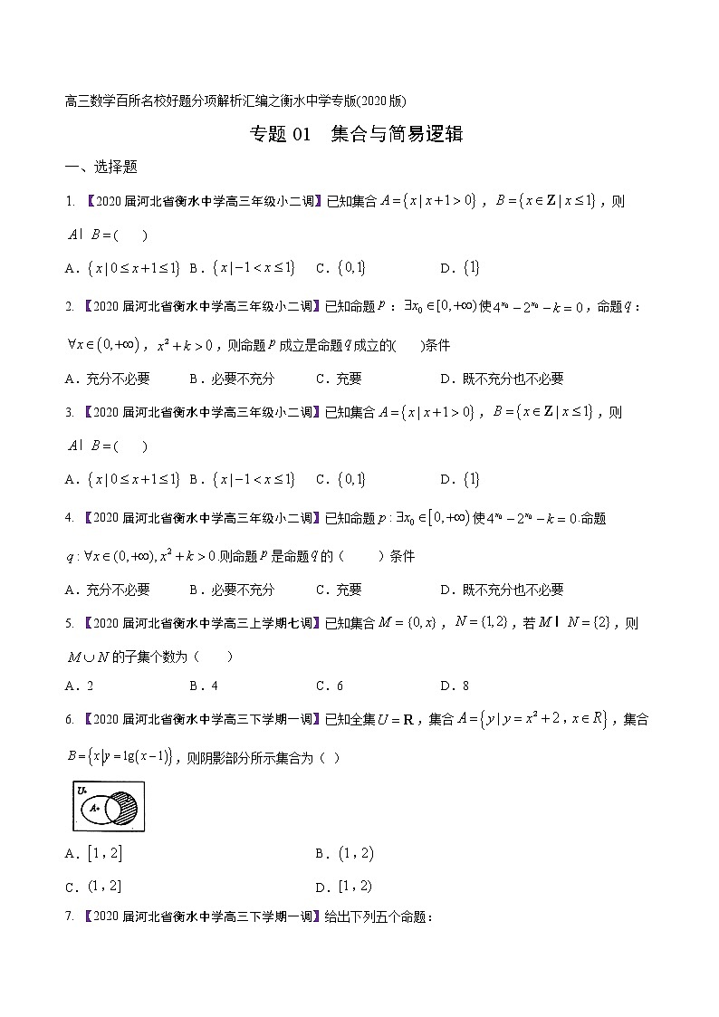 高三数学百所名校好题分项解析汇编之衡水中学专版（2020版）专题01 集合与常用逻辑用语（第02期）（原卷版）01
